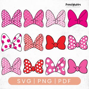 Può includere: Una collezione di dodici fiocchi di cartoni animati in varie tonalità di rosa e rosso, con pois bianchi. I fiocchi sono disposti in tre file da quattro. L'immagine include il testo "SVG | PNG | PDF".