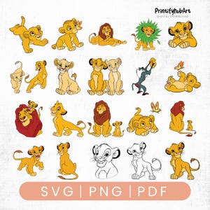 May include: A collection of cartoon lion illustrations in various poses and styles. The lions are primarily yellow and tan, with some featuring red manes and green accents. The image includes the text "SVG | PNG | PDF".