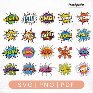 May include: A collection of colorful comic book-style speech bubbles with exclamations like "YEAH!!!", "OMG!", and "WOW". The bubbles feature various shapes and colors, with text in bold fonts. The image also includes the text "SVG | PNG | PDF".