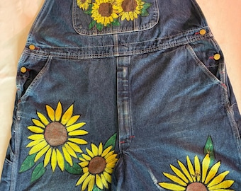 Hand Painted Sunflower Overalls | Boho Denim | Upcycled Liberty Bib Overalls  Wearable Art