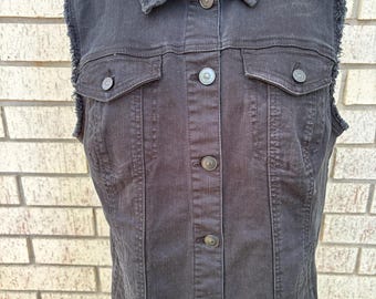 Hand Painted Desert Cactus Denim Vest | Turquoise Fringe Western Boho Jacket | Moon & Stars Wearable Art | One of a Kind size 10