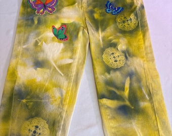 Butterfly Garden Hand Painted Jeans | Women’s 16W Artistic Denim | Yellow Botanical Print Jeans | One of a Kind Wearable Art