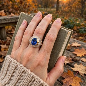 Puede incluir: Un anillo de oro con una gran piedra azul ovalada en el centro, flanqueada por piedras de corte baguette a los lados y rodeada por un pavé de pequeñas piedras blancas redondas, apoyado sobre un libro de tapa dura color verde oliva.