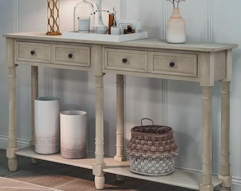 Mesa consola rústica de 58 pulgadas, mesa auxiliar gris para sofá con cajones de almacenamiento.