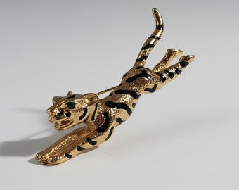 Vintage Nina Ricci Leaping Panther Brooch, Gold-Tone Black Enamel, Signed