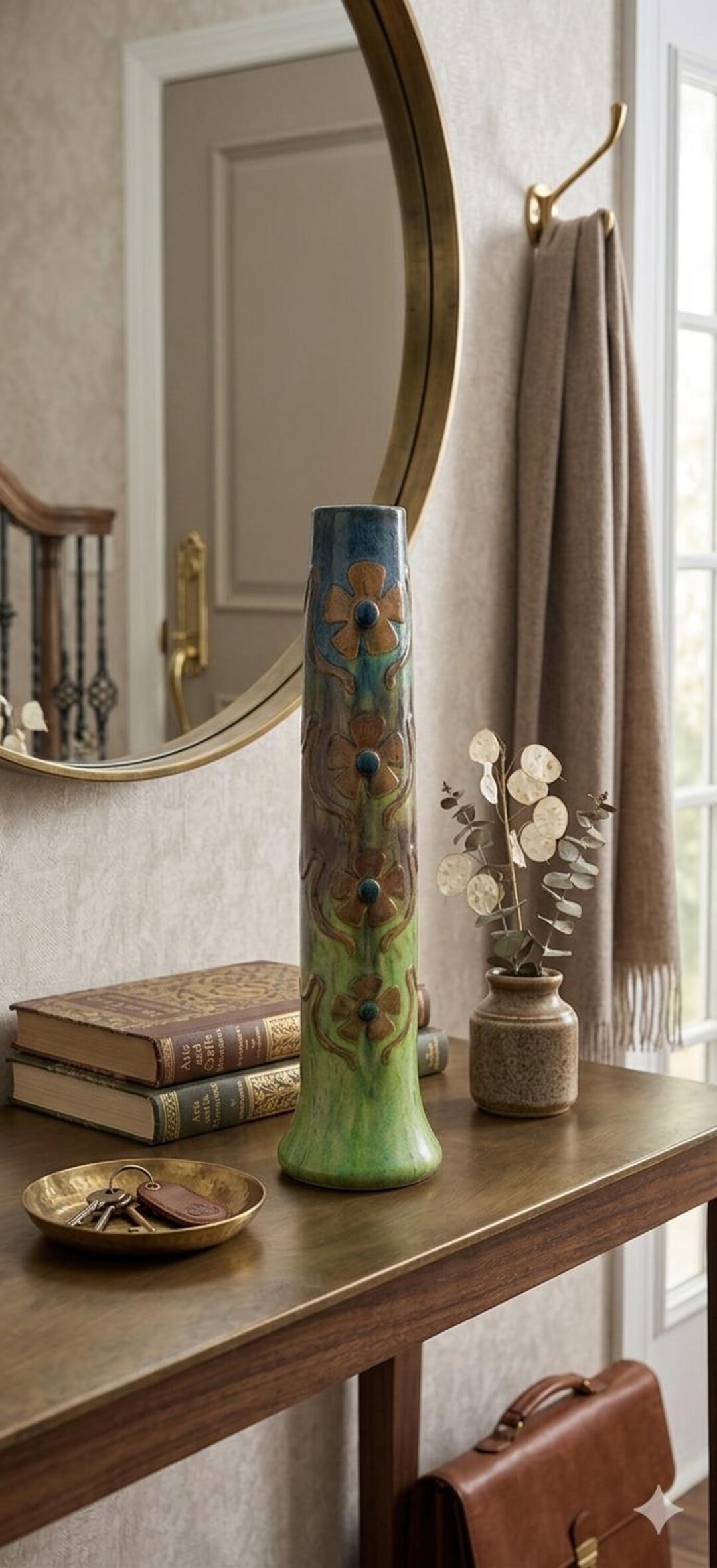 Vintage Studio Pottery Bud Vase – Green Blue Drip Glaze Raised Floral ...