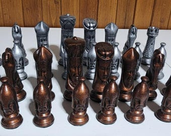 Vintage Folding Aztec Mayan & Conquistadors Chess Set ~ Turquoise