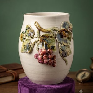 May include: A cream-coloured ceramic vase featuring a three-dimensional relief of a grapevine with glossy purple grapes and textured green leaves. The vase has a smooth, speckled finish and a wide, rounded body with an open top.