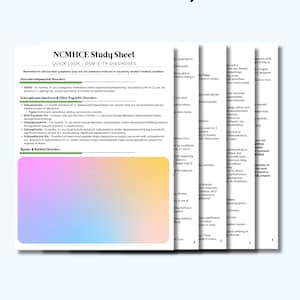 May include: A study sheet titled "NCMHCE Study Sheet" with the subtitle "Quick Look - DSM-5-TR Diagnoses." The document lists neurodevelopmental and bipolar disorders, including ADHD and schizophrenia. The text is in black font on a white background.
