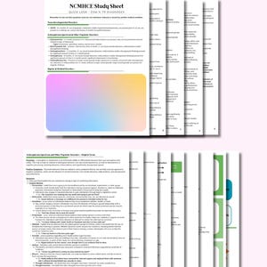 Może przedstawiać: Arkusz do nauki zatytułowany "Expanded NCMHCE Study Sheet" z tekstem "NCMHCE Study Sheet QUICK LOOK DSM-5-TR DIAGNOSES". Dokument ma białe tło z czarnym tekstem i kolorowymi podświetleniami. Strony są ułożone w stos, pokazując krawędzie.