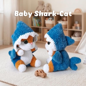 Puede incluir: Dos peluches con forma de gatos que llevan disfraces de tiburón azules con bordes blancos. Los juguetes tienen pelaje naranja y blanco, ojos grandes y oscuros, y un pequeño coche de juguete de madera se encuentra entre ellos. El texto Baby Shark-Cat aparece.