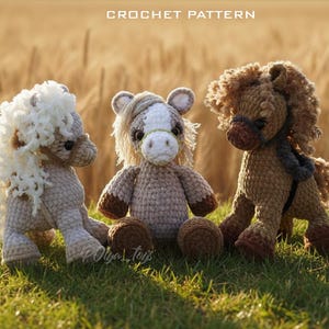 May include: Three handmade crochet horse toys in a grassy field. The horses are in shades of beige, brown, and white, with detailed manes and features. The text "CROCHET PATTERN" is at the top of the image.