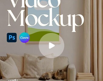May include: A beige sofa with throw pillows and a cat, with a framed landscape art print on the wall. The words "Video Mockup" are displayed in large white letters. The image also includes the logos for Photoshop and Canva.