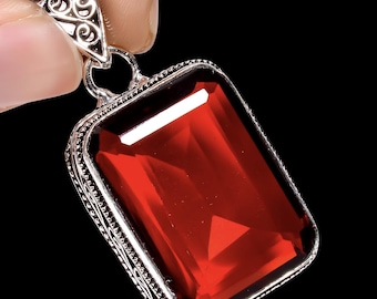Silver Plated Ruby Crystal Pendant | Boho Red Jewelry