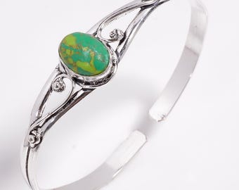 Sterling Silver Turquoise Bracelet, Green Stone Cuff Bangle, Adjustable Gemstone Jewelry