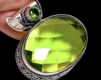 Boho Peridot Pendant, 925 Silver Plated, Green Gemstone Jewelry