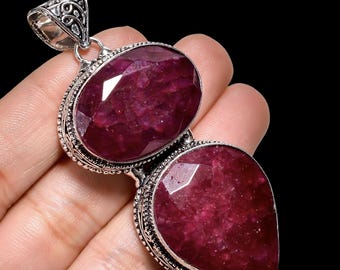 Ruby Pendant, 925 Sterling Silver Boho Gemstone Necklace
