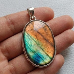 Natural Fire Labradorite Pendant, 925 Sterling Silver Oval Gemstone Necklace, Labradorite Jewelry, Unique Statement Gift for Her.