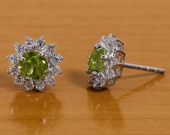 Handmade Sterling Silver Peridot Stud Earrings, Minimalist Gemstone Jewelry