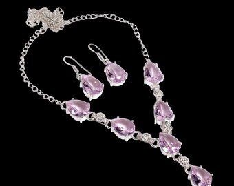 Pink Kunzite Crystal Jewelry Set, Teardrop Necklace & Earrings, Gemstone Set, 925 Silver Bridal Jewelry, Gift for Women.