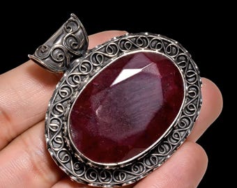 Boho Ruby Silver Plated Pendant • Vintage Red Gemstone Necklace