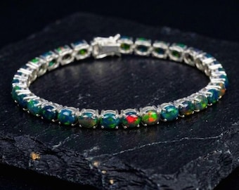 Ethiopian Opal Tennis Bracelet, Natural Opal Bracelet in 925 Sterling Silver, Fire Opal Jewelry, Gift for Her, Handmade Gemstone Bracelet.