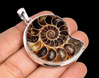 Ammonite Fossil Anhänger, Handgemachte Versilberte Spiral Halskette, Boho Schmuck