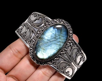 Vintage Style Labradorite Cuff Bracelet, 925 Silver Plated, Boho Jewelry