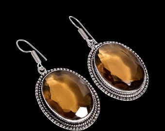 Boucles d'oreilles pendantes quartz fumé, plaqué argent, style bohème hippie