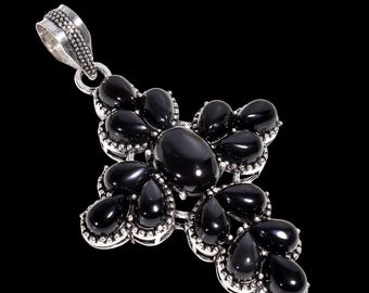 Black Onyx Cross Pendant, Sterling Silver Cross Necklace, Black Gemstone Jewelry, Boho Statement Pendant, Gift for Him Her.