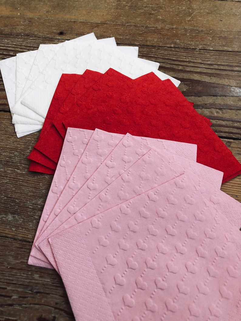 White Heart Napkins Heart Napkins Pink Heart Napkins Embossed Valentines Day Napkins Red Heart Napkins