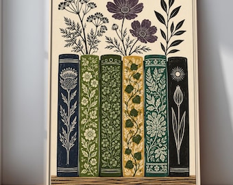 Bookish Botanical Wall Art Print, Folk Floral Bookshelf Decor for Cozy Reading Nook