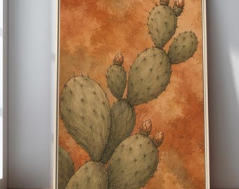 Prickly Pear Canvas Print, Terracotta Cactus Wall Art, Vintage Southwest Desert Decor