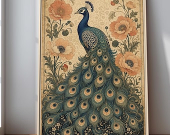 Elegant Peacock Art Print, Vintage Peacock Wall Art, Maximalist Home Decor