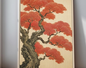 Japanese Bonsai Tree Wall Art Print, Vintage Ukiyo-e Asian Woodblock Decor