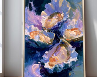 Blue Oyster Wall Art Print, Luxury Coastal Kitchen Decor, Seafood Canvas Art