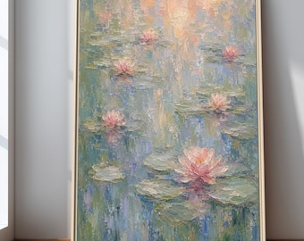 Water Lily Pond Print, Sage Green Pink Canvas, Floral Wall Art