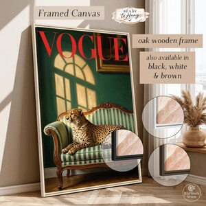 Op de afbeelding: Ingelijste canvas print met het woord "VOGUE" in rood, met een cheetah op een groen gestreepte bank. Het kunstwerk zit in een eikenhouten frame, ook verkrijgbaar in zwart, wit en bruin. Het canvas is klaar om op te hangen.