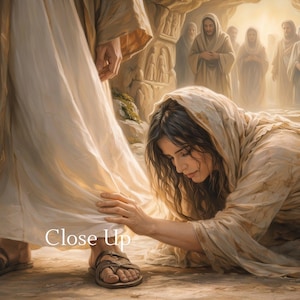 Puede incluir: Una pintura digital representa a una mujer arrodillada tocando el pie de una figura con túnicas blancas. Otras figuras están de pie en el fondo. La imagen tiene una paleta de colores cálidos y dorados. Las palabras "Close Up" están escritas en blanco en la parte inferior de la imagen.