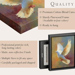 Op de afbeelding: Een ingelijste canvas kunstdruk met een witte duif in vlucht tegen een kleurrijke achtergrond. Het kunstwerk wordt gepresenteerd in een zwart frame, waarbij de matte afwerking wordt benadrukt. De tekst op de afbeelding luidt "QUALITY".
