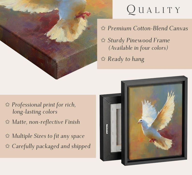 Op de afbeelding: Een ingelijste canvas kunstdruk met een witte duif in vlucht tegen een kleurrijke achtergrond. Het kunstwerk wordt gepresenteerd in een zwart frame, waarbij de matte afwerking wordt benadrukt. De tekst op de afbeelding luidt "QUALITY".