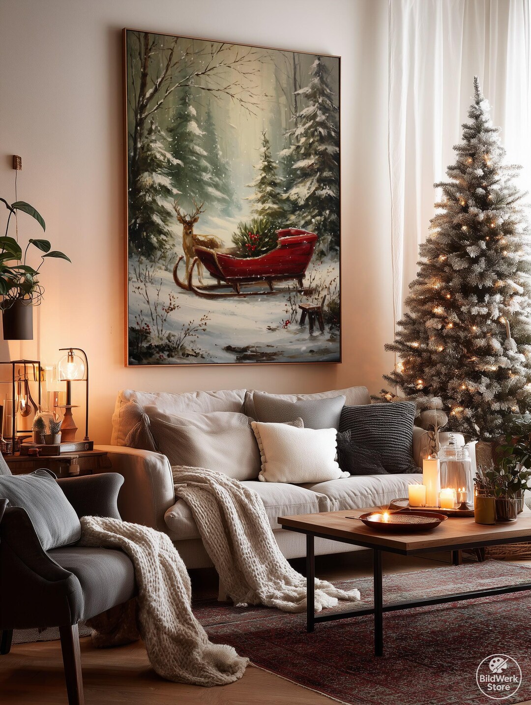 その他 XIII Neutral Winter Deer Canvas – Minimal Christmas Wall Art