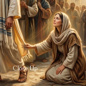 Woman Healed by Faith Christian Wall Art Printable, Touching Jesus' Hem Canvas Farmhouse Artwork