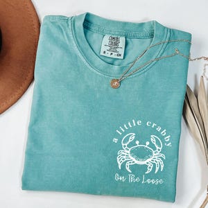 May include: A teal Comfort Colors t-shirt with the phrase "a little crabby On The Loose" in white. The shirt has a small crab graphic. A gold necklace with a pendant is draped across the shirt.