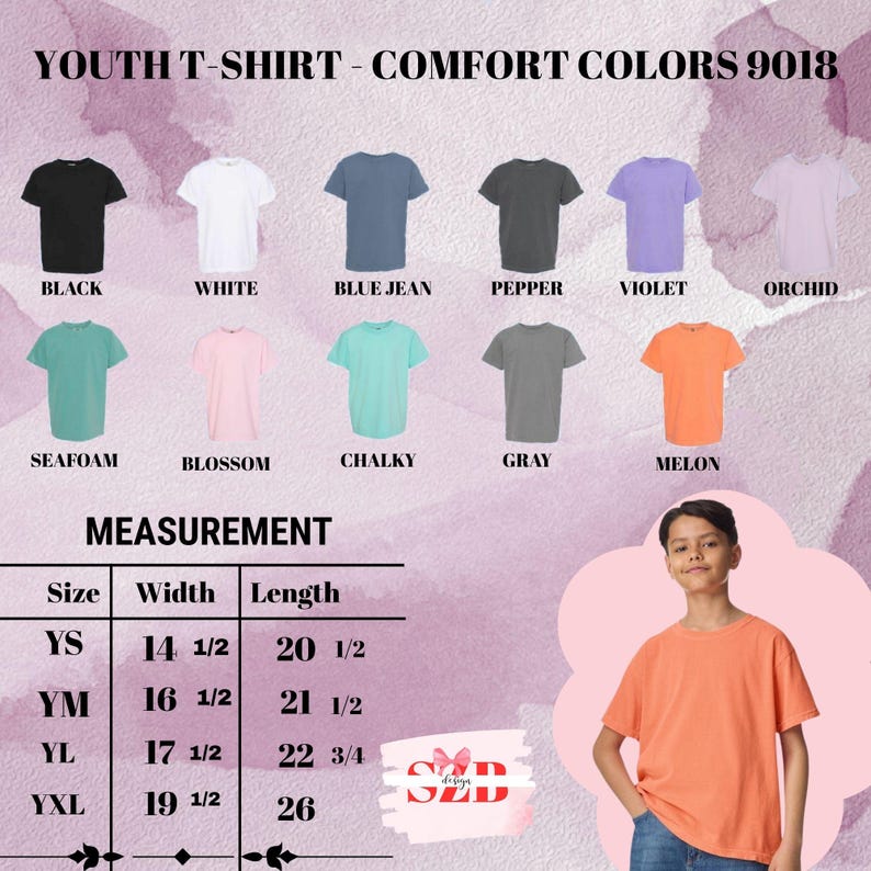 May include: Youth t-shirts in various colors, including black, white, blue jean, pepper, violet, and orchid. The image displays a size chart with measurements in inches and a young person wearing a melon-colored t-shirt.