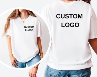 カスタムフォトポケットTシャツ、パーソナライズロゴバックTシャツ、ユニセックスコットンシャツ