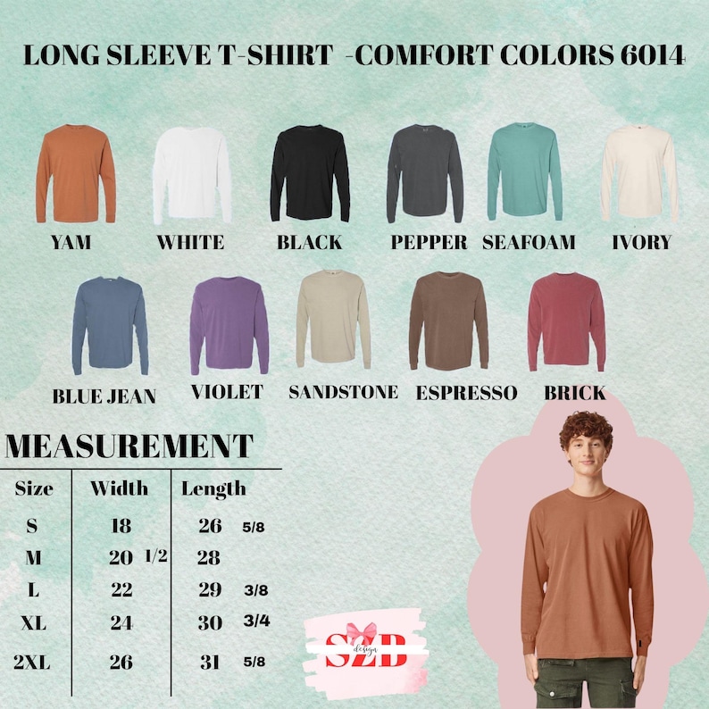 May include: A long-sleeve t-shirt in various colors, including yam, white, black, pepper, seafoam, ivory, blue jean, violet, sandstone, espresso, and brick. Measurements are provided for sizes S to 2XL, with widths ranging from 18 to 26 inches and lengths from 26 5/8 to 31 5/8 inches.