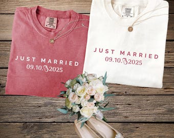 Just Married Comfort Colors T-Shirt, Custom Wedding Date Tee, Bridal Shower Gift