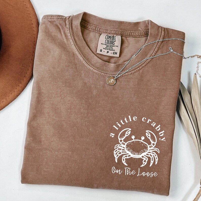 May include: A brown t-shirt with the text "a little crabby On The Loose" and a white crab graphic. The shirt has a crew neck and short sleeves. A silver necklace with a small pendant is on the shirt.