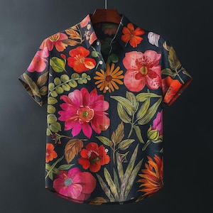 Camicia Floreale Hawaiana Uomo Manica Corta Funky Casual Hawaii Stampa Camicie Estate Spiaggia Vacanze Aloha Camicia Strisce Gialle M - Foto 9
